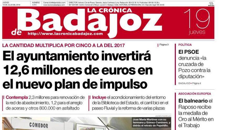 Esta es la portada de LA CRÓNICA DE BADAJOZ correspondiente al día 19 de julio del 2018