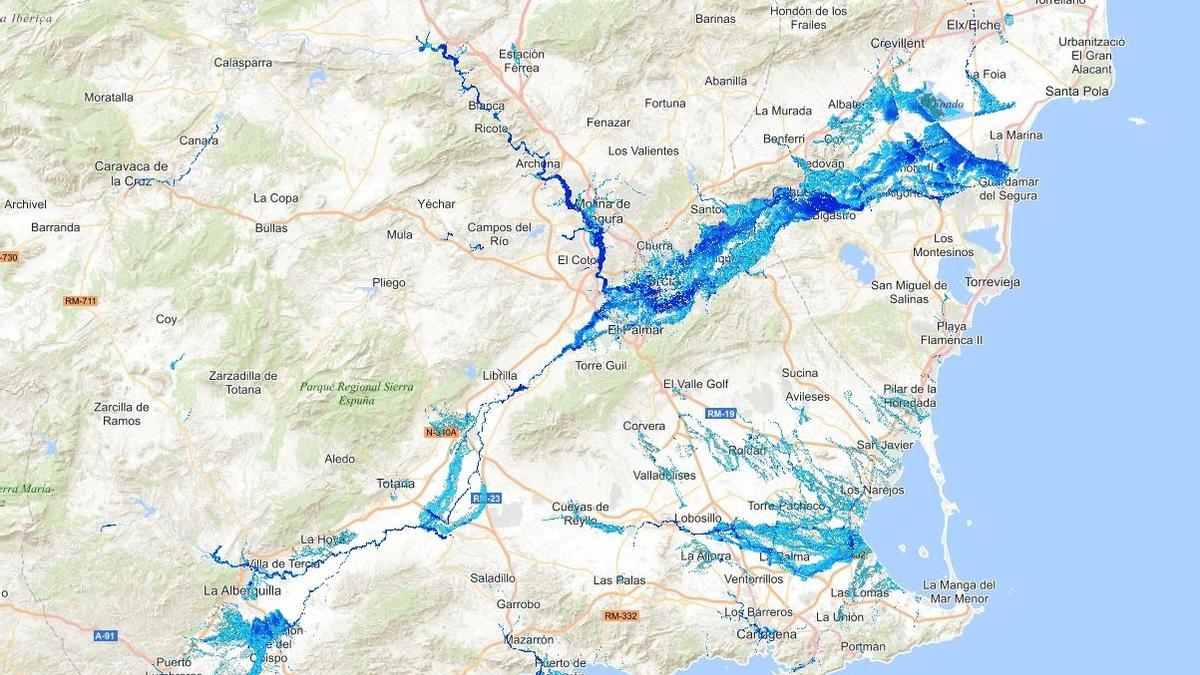 Mapa de riesgo de inundación con retorno a 100 y 500 años en la Región de Murcia