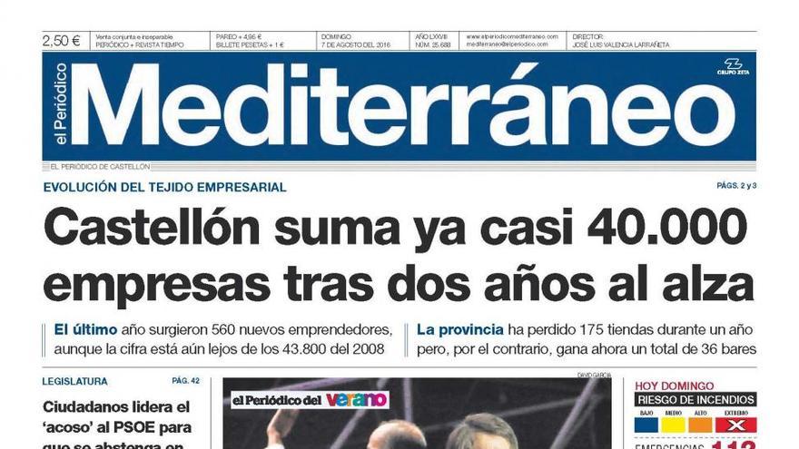 Castellón suma ya casi 40.000 empresas tras dos años al alza, hoy en la portada de Mediterráneo