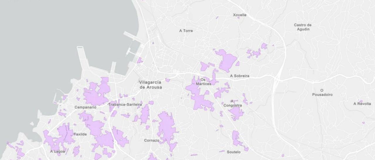 Mapa del Ministerio sobre las zonas blancas de Vilagarcía, es decir, sin cobertura de  fibra óptica.