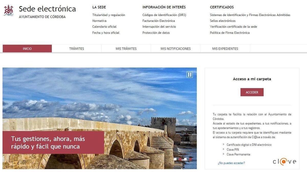 imagen de la nueva sede electrónica del Ayuntamiento de Córdoba, de la pantalla inicial