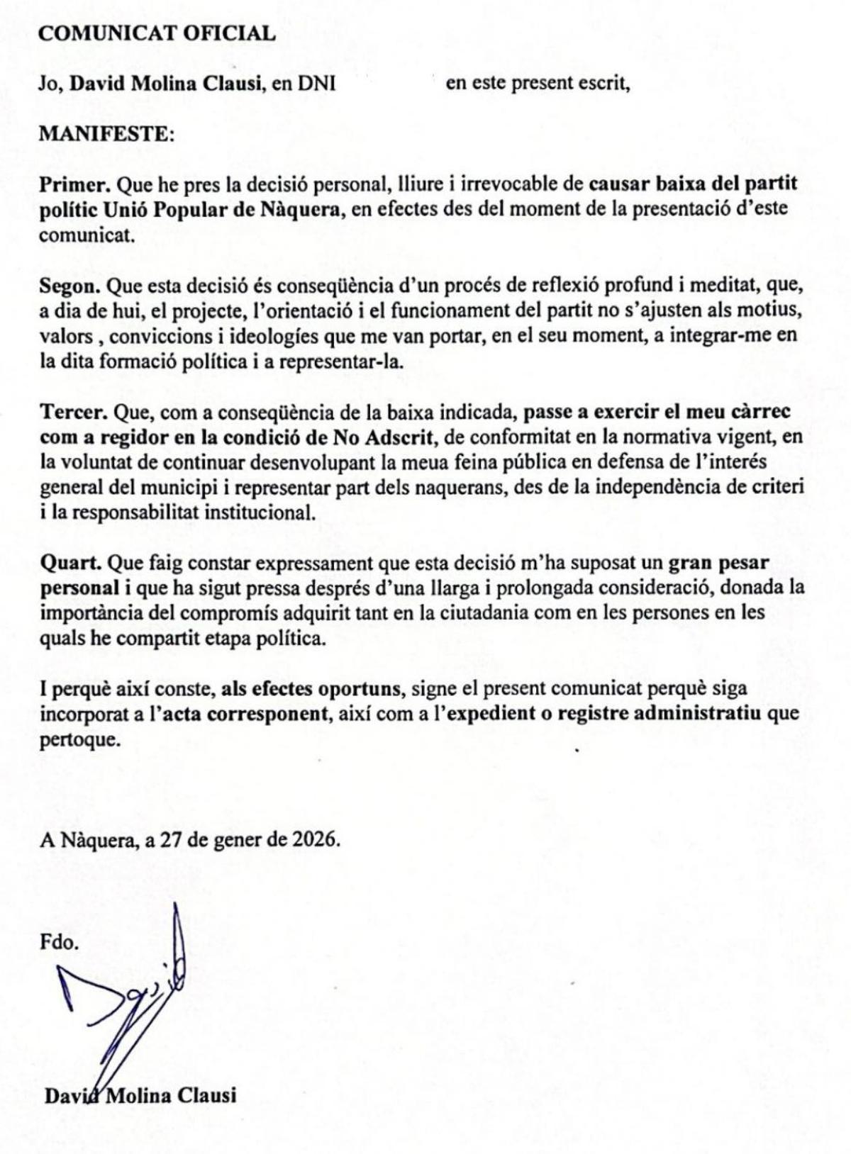 Carta escrita por David Molina Clausi y que leyó en el último pleno de Nàquera.