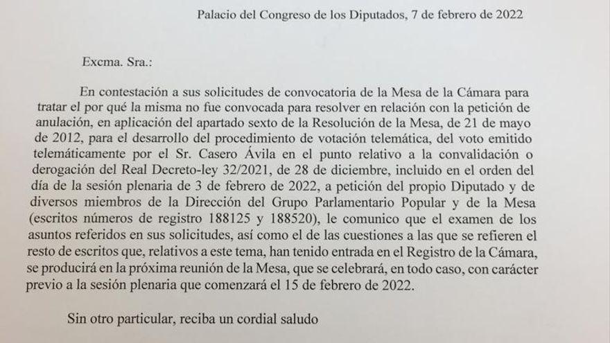 Imagen de la carta enviada por la presidenta del Congreso, Meritxell Batet, a Ana Pastor.