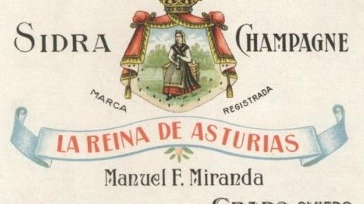 Etiqueta de la sidra &quot;La reina de Asturias&quot;, cuya reproducción figura en el cartel promocional de la charla.