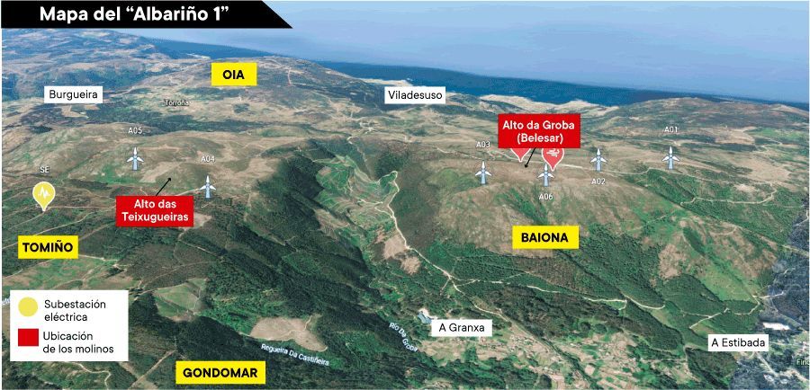 Así se distribuyen los 6 molinos en fase de información pública por A Groba.