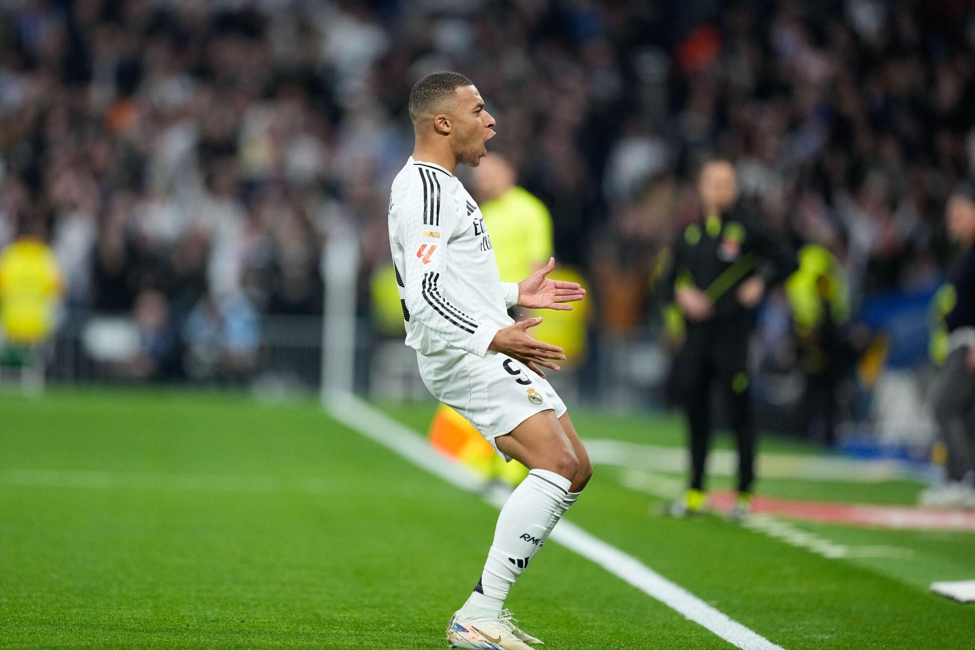 Kylian Mbappe of Real Madrid celebrates a goal during the Spanish League, LaLiga EA Sports, football match played between Real Madrid and Sevilla FC at Santiago Bernabeu stadium on December 22, 2024, in Madrid, Spain. AFP7 22/12/2024 ONLY FOR USE IN SPAIN. Oscar J. Barroso / AFP7 / Europa Press;2024;SOCCER;SPAIN;SPORT;ZSOCCER;ZSPORT;Real Madrid v Sevilla FC - LaLiga EA Sports;
