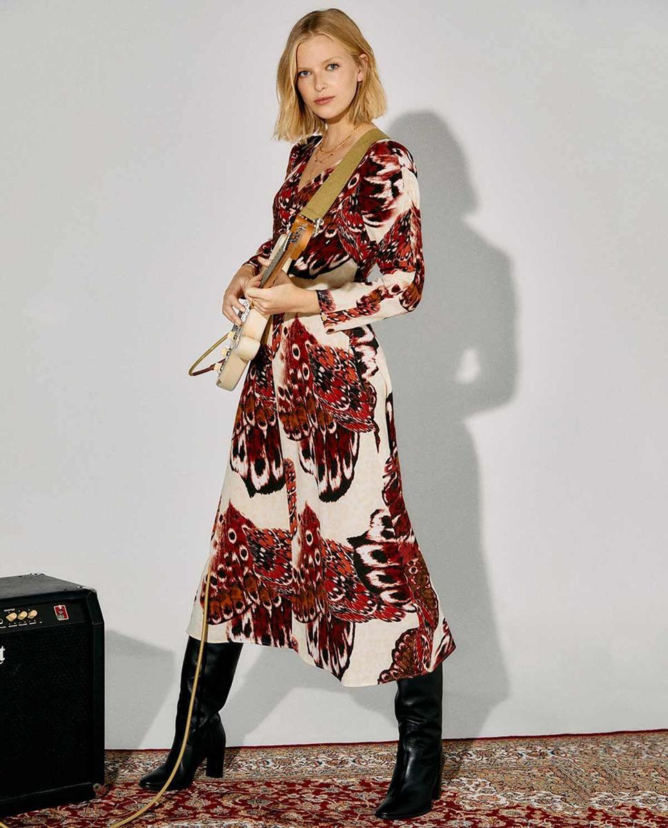 Vestido con estampado de mariposas, con manga larga y escote pico, de Slowlove