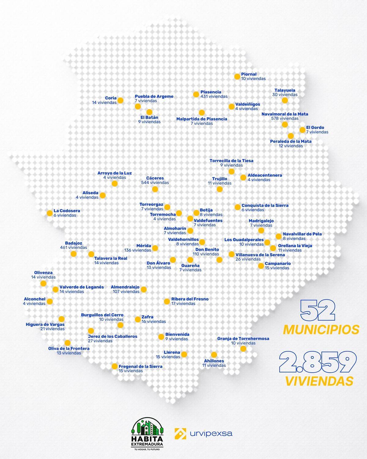 Municipios adheridos al plan 'Habita Extremadura' para constuir más de 3.000 viviendas asequibles antes de 2027.