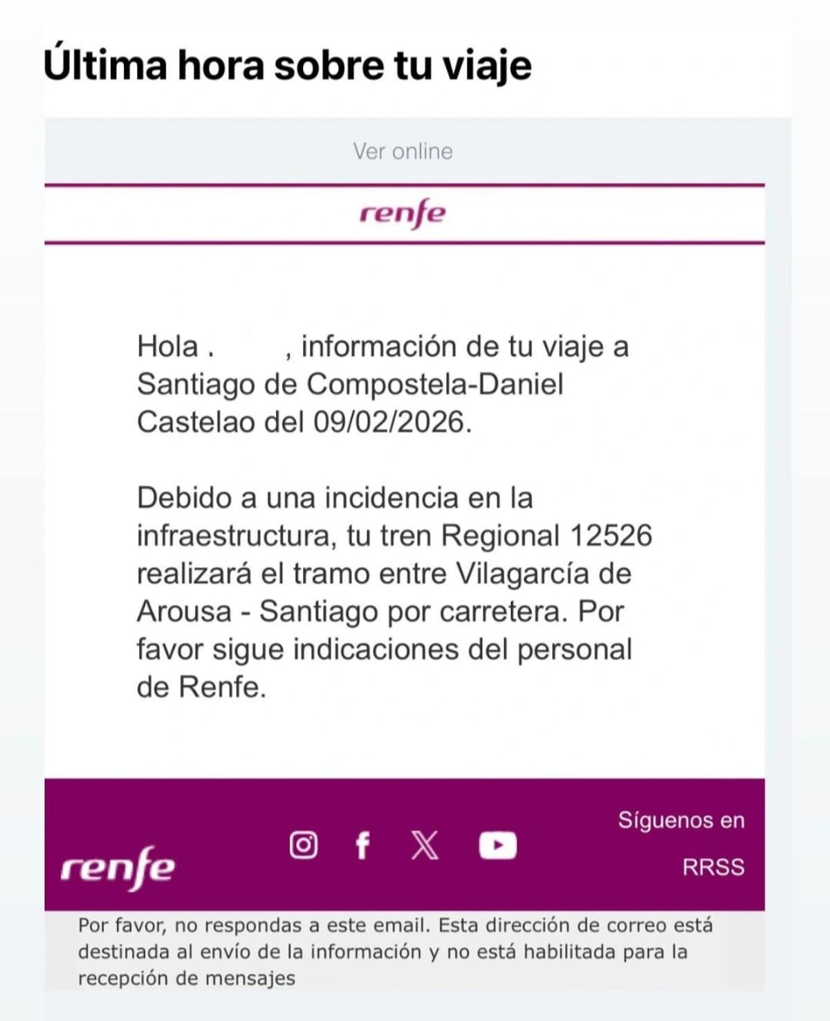 Mensaje enviado a una usuaria de un tren entre Vilagarcía y Santiago