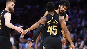 MIAMI, FLORIDA - APRIL 28: Donovan Mitchell #45 and Jarrett Allen #31 of the Cleveland Cavaliers celebrate against the Miami Heat during the first quarter in Game Four of the Eastern Conference First Round NBA Playoffs at Kaseya Center on April 28, 2025 in Miami, Florida. NOTE TO USER: User expressly acknowledges and agrees that, by downloading and or using this photograph, User is consenting to the terms and conditions of the Getty Images License Agreement. (Photo by Megan Briggs/Getty Images)