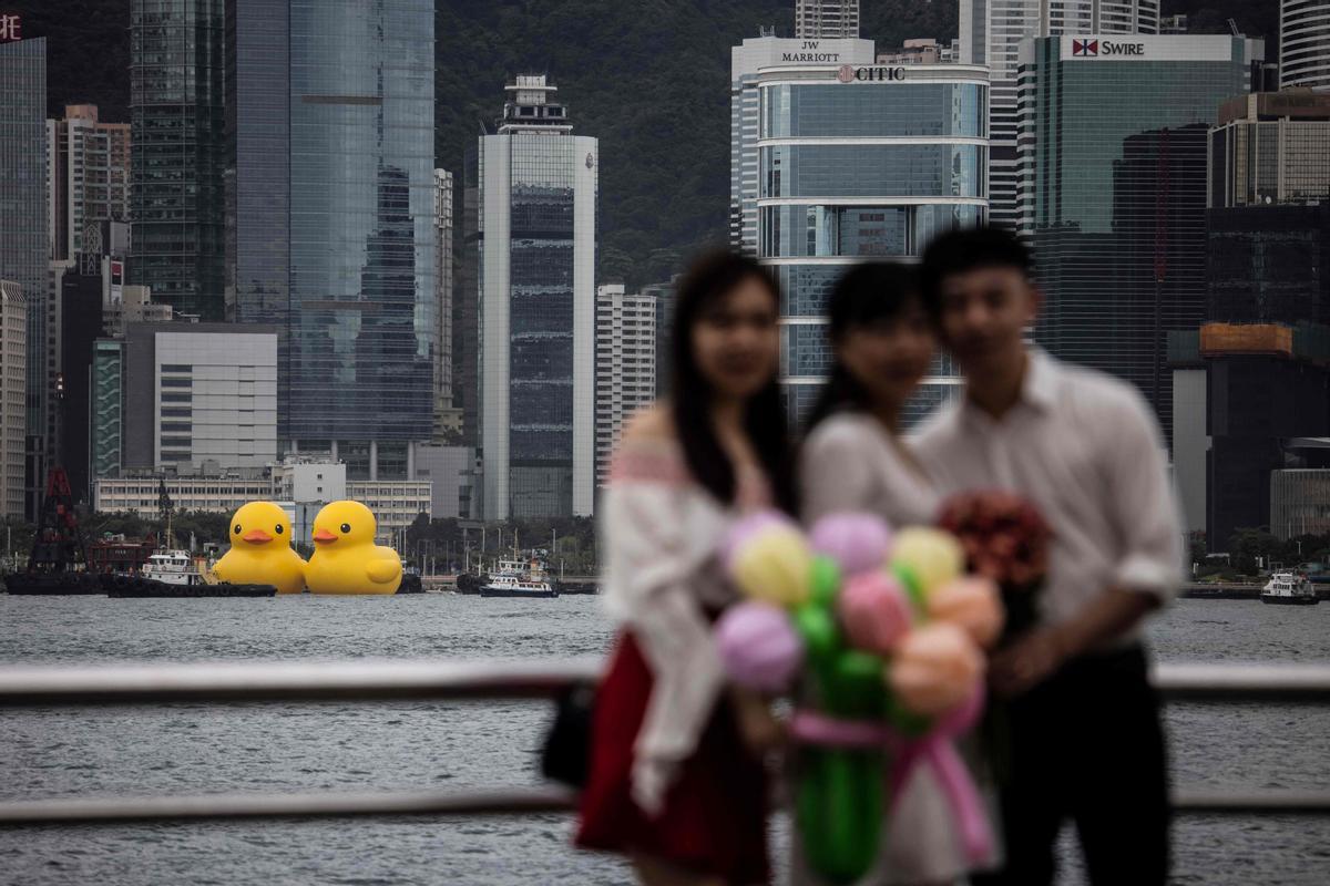 Los patos de goma del artista Florentijn Hofman, en el puerto de Hong Kong