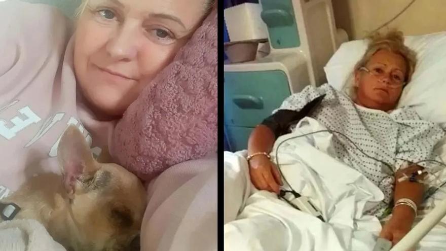 La mujer en una foto con su perro en la cama y, a la derecha, durante su hospitalización