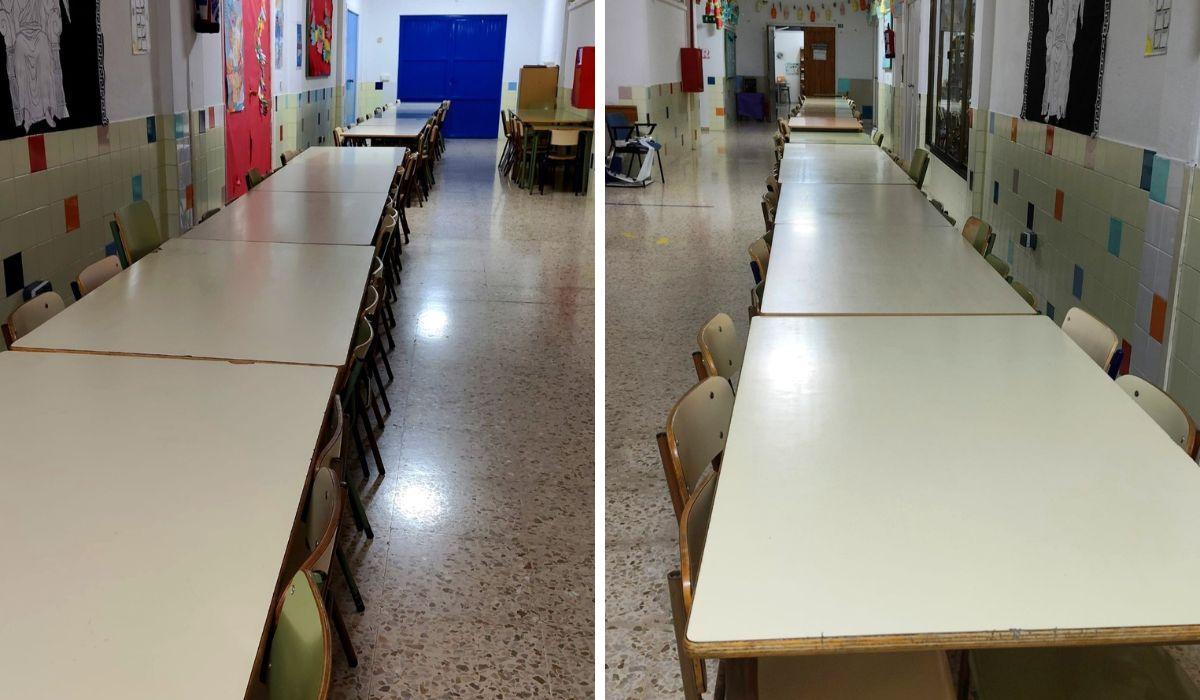 Mesas en en medio de los pasillos del CEIP Vasco Núñez de Balboa donde comen los niños.