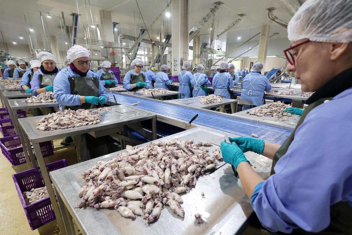 Plantilla de la fábrica de la conservera Orbe en Pontevedra