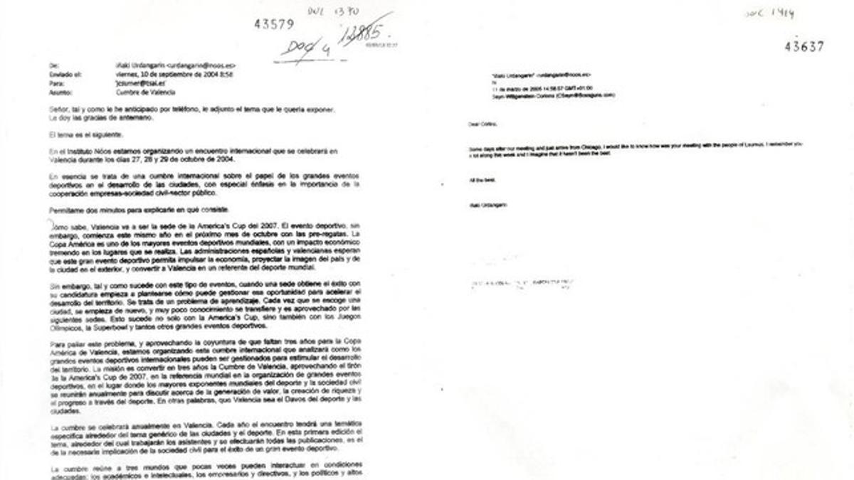 Los dos correos de Urdangarin aceptados como prueba.A la iquierda, el dirigido a Juan Carlos I, y a la derecha, el enviado a la princesa Corinna.