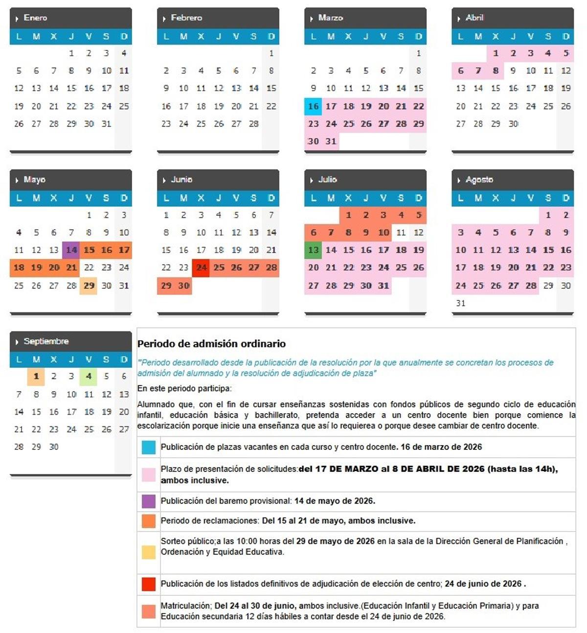 Calendario del proceso de admisión Curso 2026/2027.