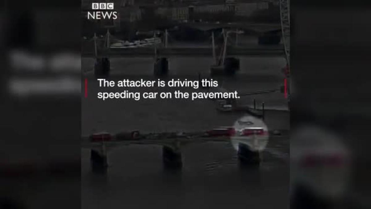 Vídeo que capta el moment en què el terrorista atropella els vianants al pont sobre el Tàmesi i que fa que una dona caigui al riu.