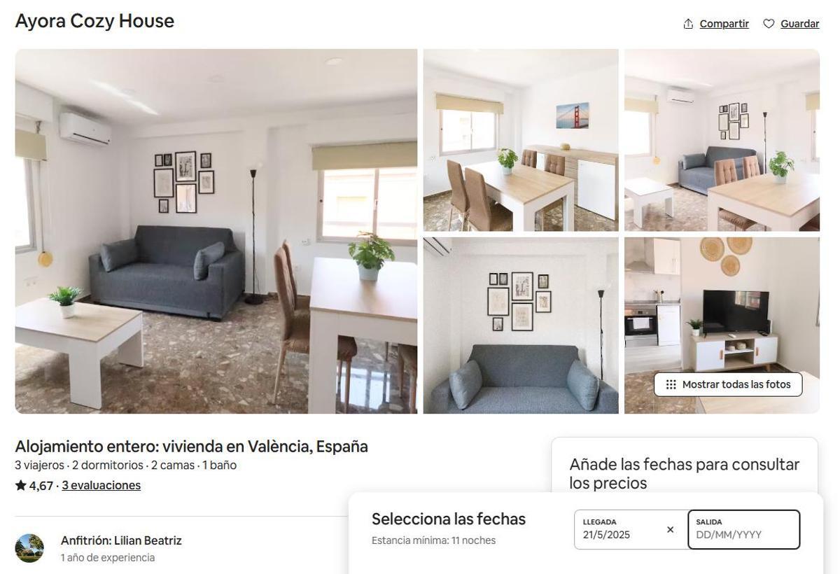 Apartamento turístico ofertado en Airbnb por una estancia mínima de 11 días