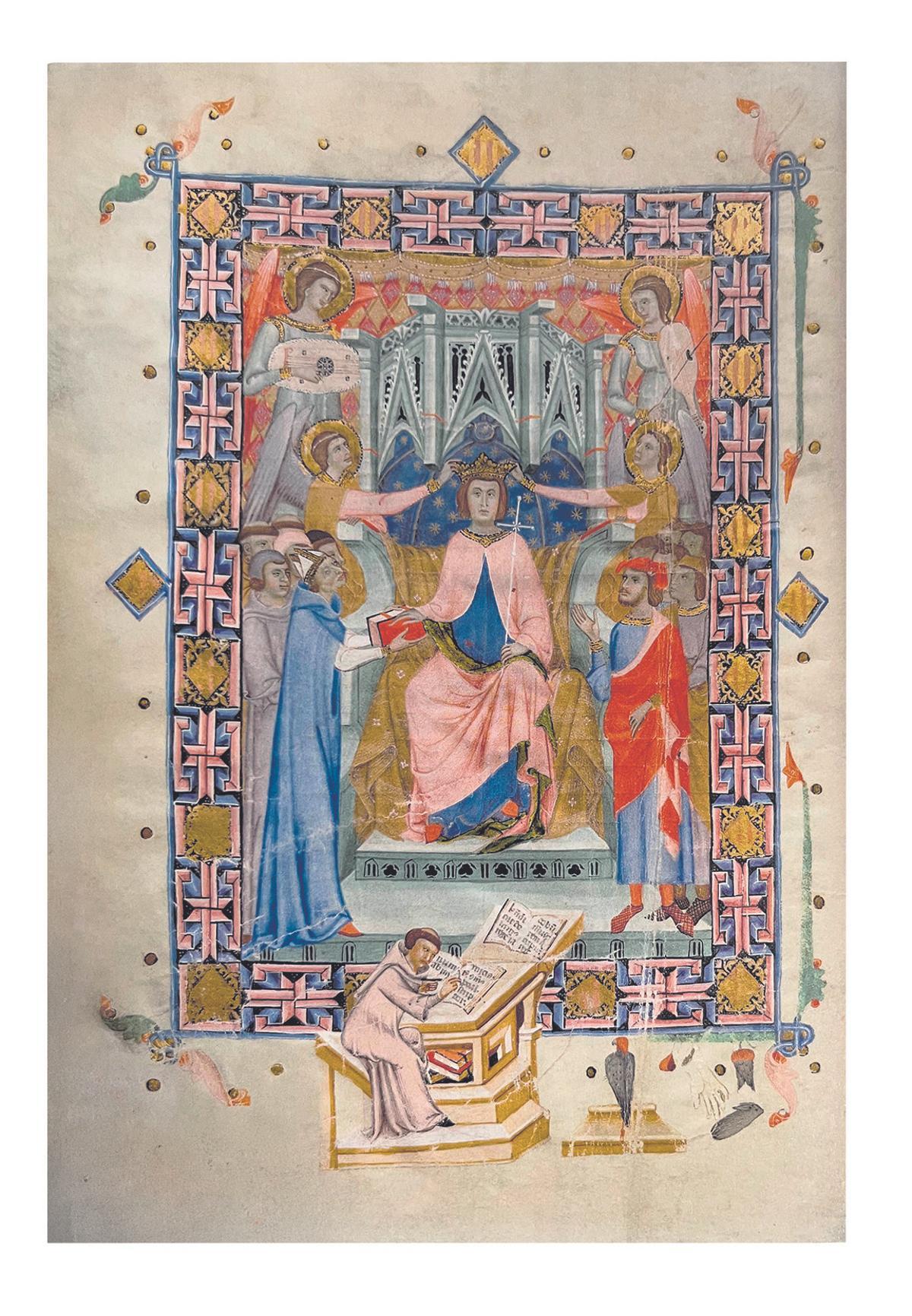 «Jaime I de Mallorca entronizado», en Llibre dels Reis. Còdex de franqueses i privilegis del Regne de Mallorca, h. 1339-41.