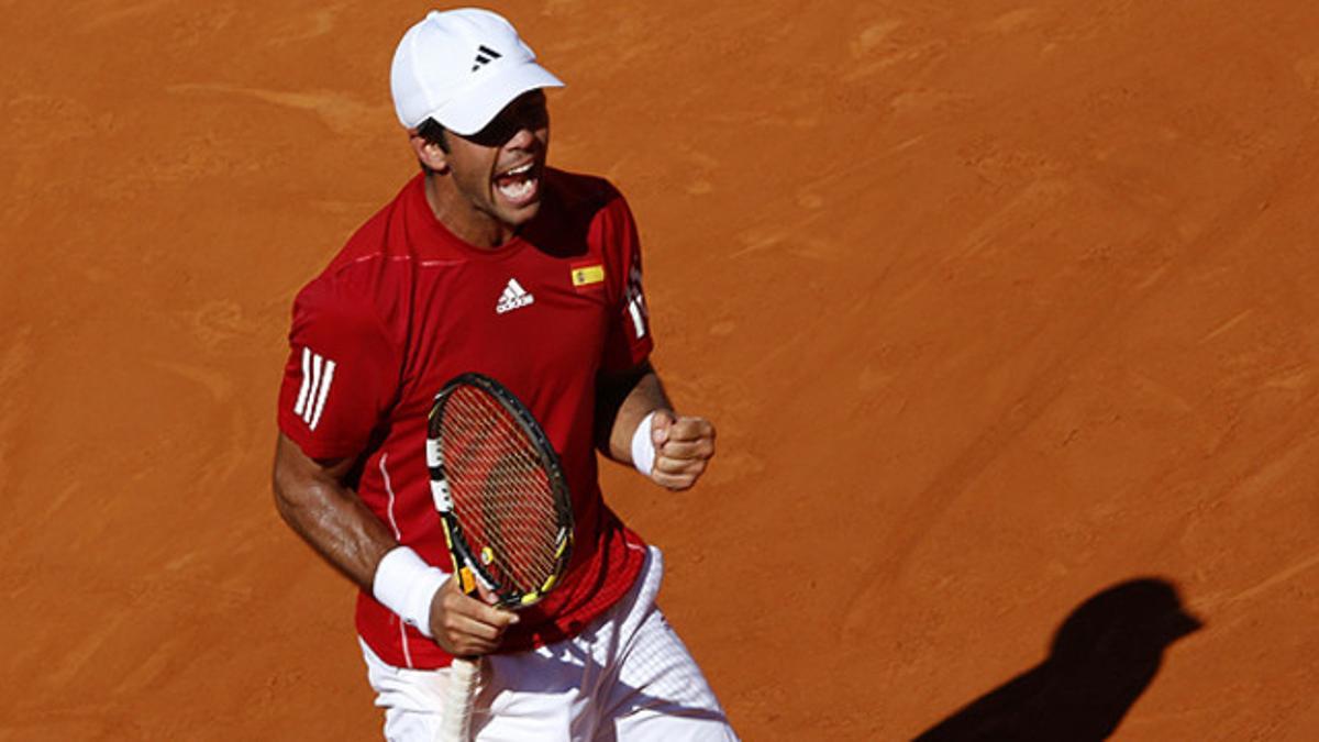 Verdasco celebra la consecución del primer punto de la eliminatoria contra el ucraniano Dolgopolov.