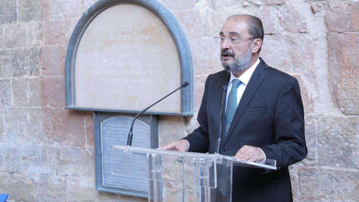 El presidente de Aragón en funciones, Javier Lambán, este sábado en San Juan de la Peña.