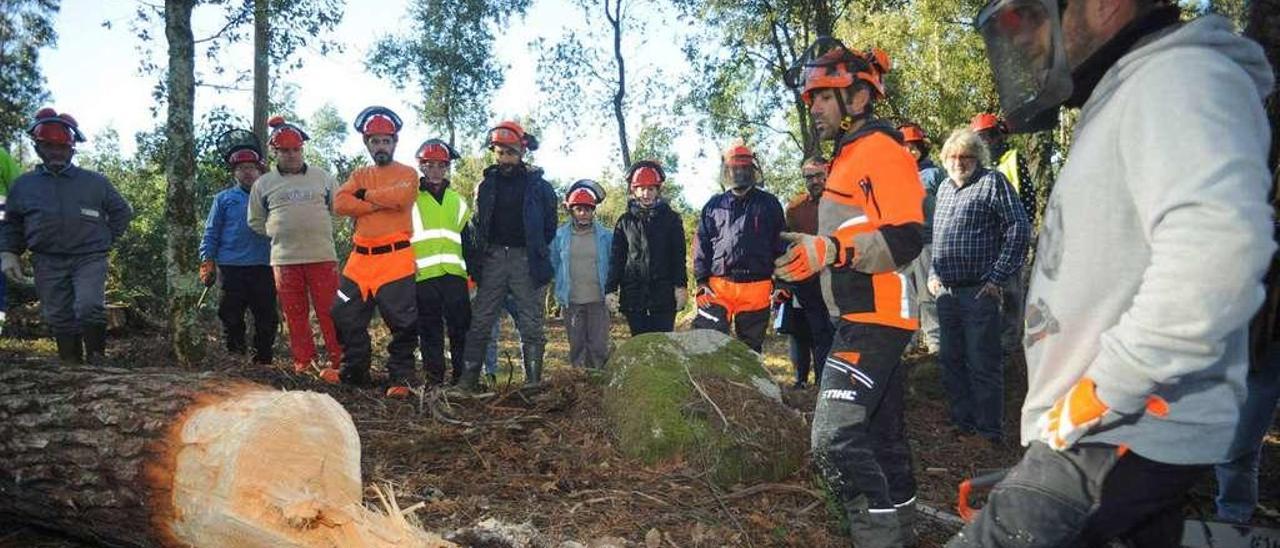 El instructor del curso, Xabier Loureiro, durante el curso de formación forestal ayer en montes comunales de Zamar (Rubiáns). // Iñaki Abella