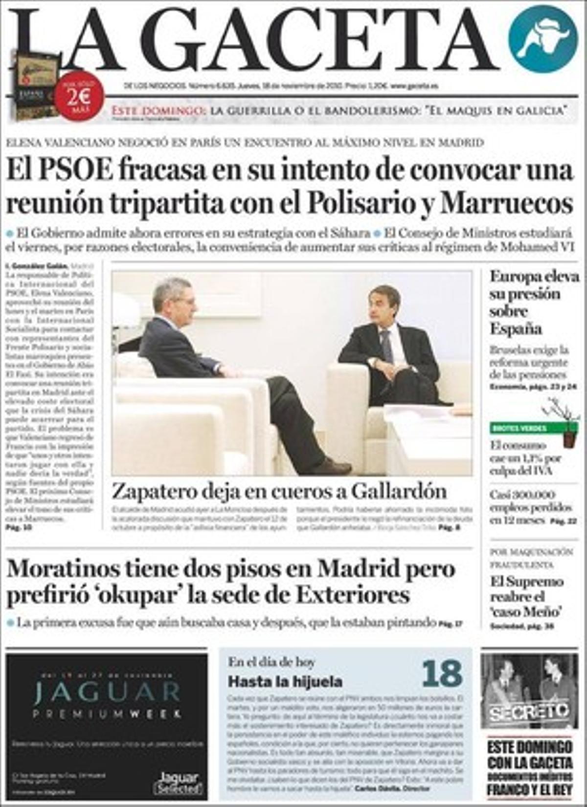 A dins, ’La Gaceta’ també destaca que Jaime Mayor Oreja afirma que ETA estarà a les urnes perquè el diàleg disfruta de bona salut i que Interior reclou Arnaldo Otegi a la presó de Saragossa, on hi ha presos diversos excaps etarres crítics amb la banda.