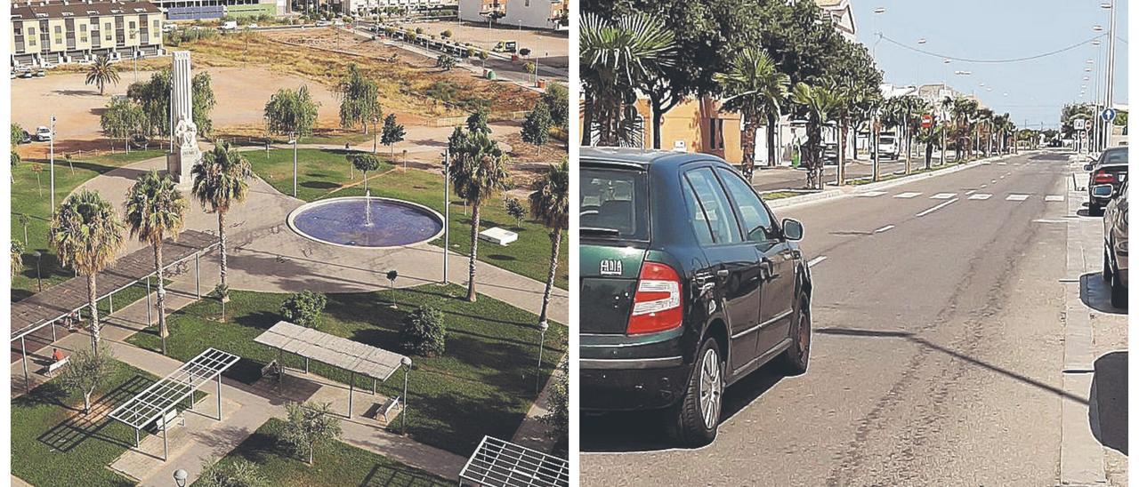 A la izquierda, imagen aérea del jardín con la estatua del rey Jaume I. A la derecha, un coche circula por la avenida Portugal.