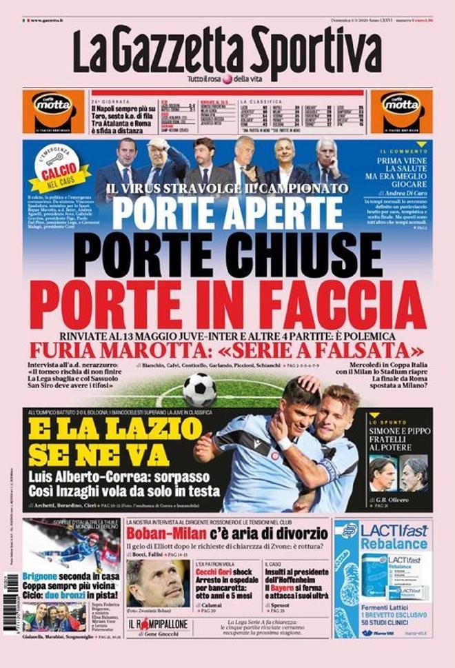 Esta es la portada de La Gazzetta dello Sport del domingo 1 de marzo