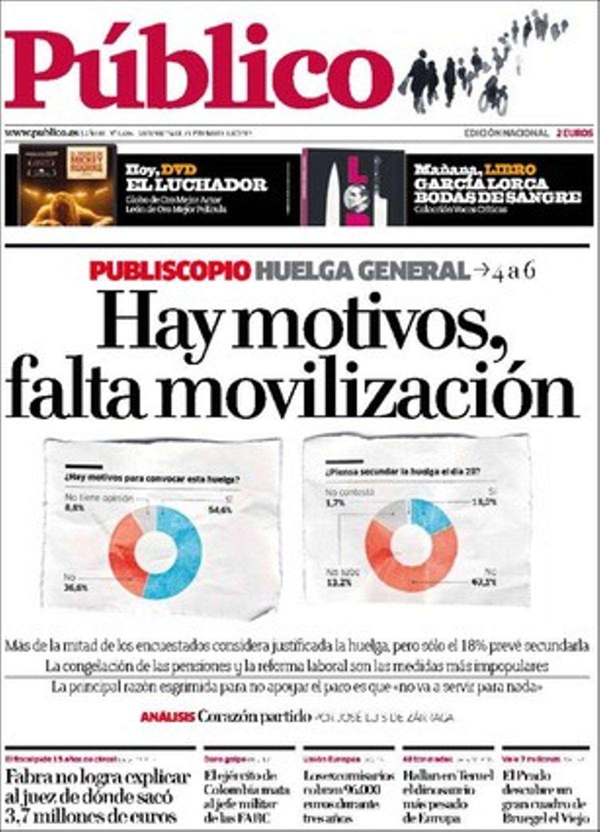 ’Público’ destaca a dins que el líder del PP de Castelló, Carlos Fabra, atribueix el seu via crucis judicial --ahir no va aconseguir explicar al jutge d’on va treure 3,7 milions d’euros-- a l’exministre del PSOE Jordi Sevilla, que el Govern ajorna un any l’entrada en vigor del permís de paternitat de 30 dies, i que el CSIC es retracta per primera vegada d’un estudi; havia estat publicat a ’Science’ i coelaborat amb una universitat britànica i una altra d’alemanya.