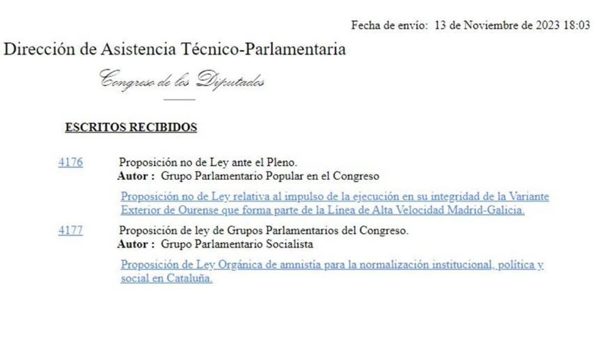 Escrito de la ley de amnistía presentado por el PSOE en el Congreso de los Diputados.