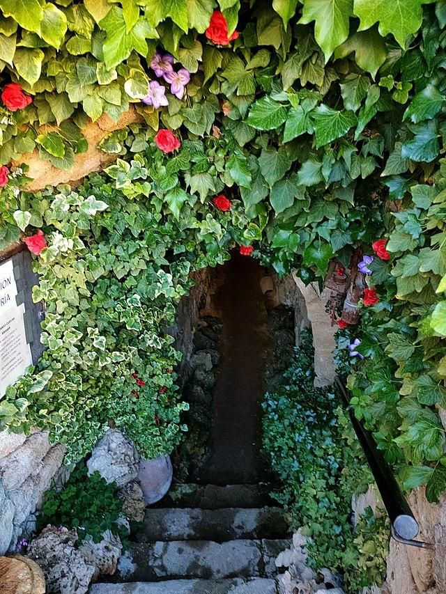 La entrada de la cueva está llena de flores.