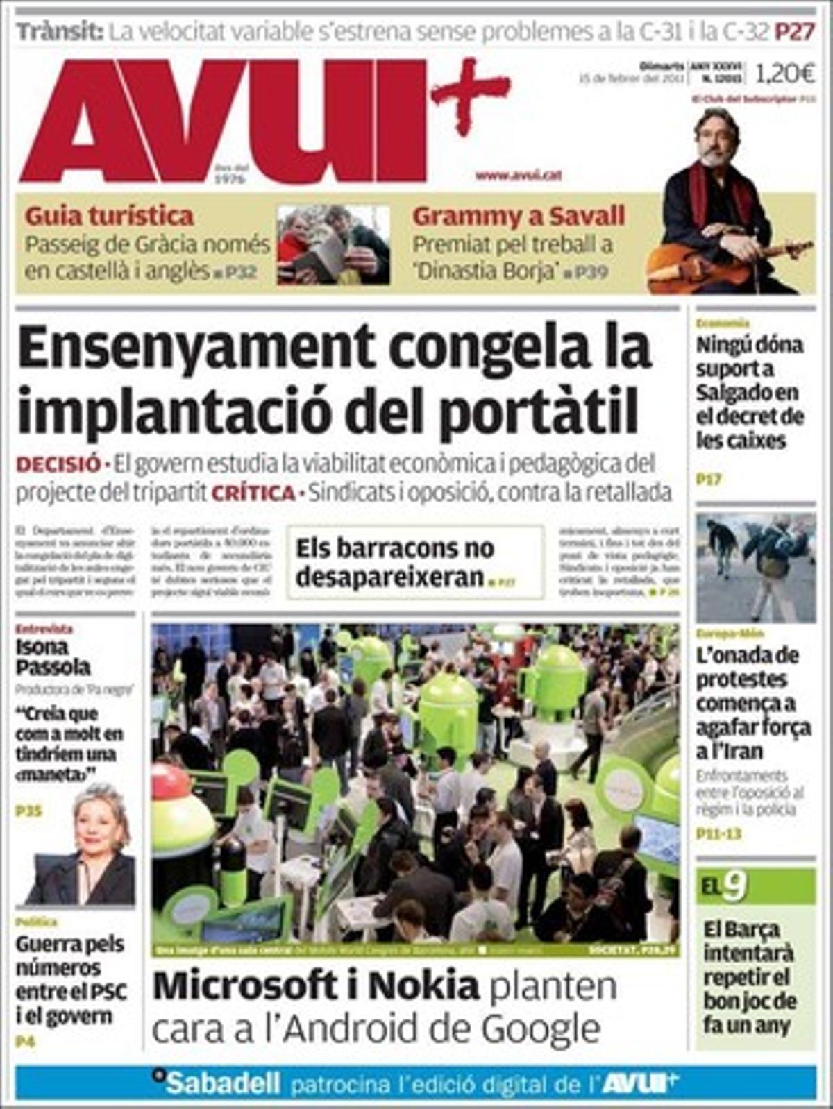 ’Avui’ també destaca que ERC inicia una ofensiva en favor del concert econòmic, que Josep Martí Blanc serà nomenat secretari de Comunicació de la Generalitat, que Solidaritat (SI) llança unes primàries a Barcelona malgrat que Laporta ja s’ha ofert de número dos a ERC, que la vicepresidenta Elena Salgado no troba cap aliat per convalidar el decret de caixes, que Catalunya Caixa aprova avui la bancarització de l’entitat, i que el curs escolar 2011-2012 començarà a Catalunya amb més de 12.000 alumnes més però amb els mateixos docents.