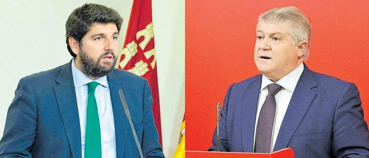 El presidente regional, Fernando López Miras, y el secretario general del PSRM-PSOE, José Vélez.