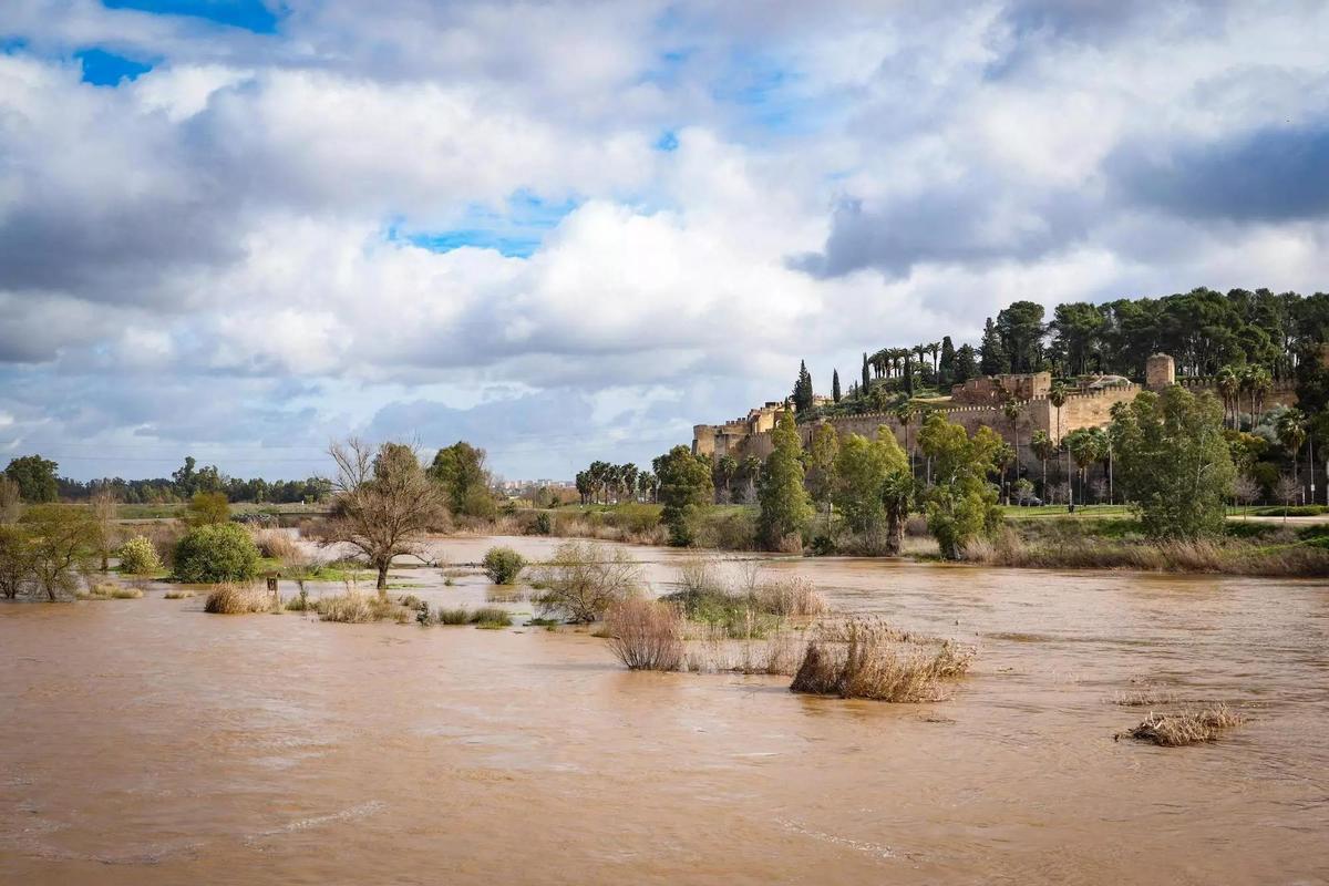 Imagen que presenta el río Guadiana a su paso por Badajoz tras la crecida por las borrascas Joseph y Kristin.