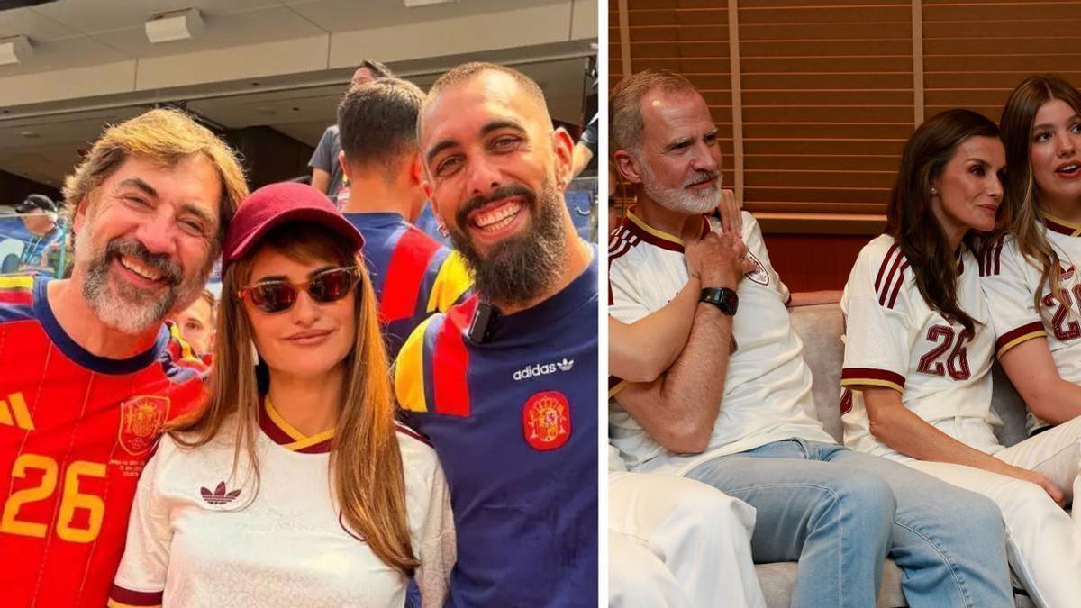 A la izquierda, Javier Bardem -con el número de Borja Iglesias, presente a su lado- y Penélope Cruz. A la derecha, la familia real también con el dorsal 26.
