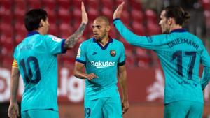 Messi, Braithwaite y Griezmann, la delantera titular del Barça en Mallorca.