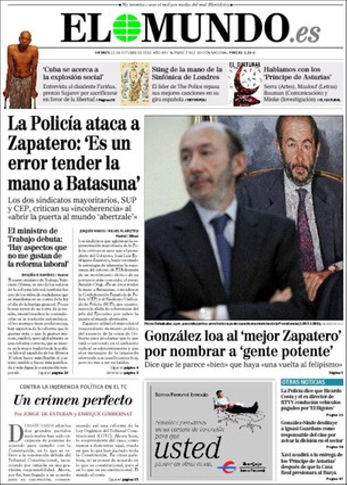 A les pàgines interiors ’El Mundo’ realça també que Ricardo Costa, dirigent del PP valencià, i Pedro García, exdirector general de la Radiotelevisió Valenciana, van ser detectats per la policia conduint una moto Bombardier i un Mini Cooper pagats per Álvaro Pérez, ’el Bigotes’. També destaca que la Plataforma per Catalunya de Josep Anglada afronta una demanda de desnonament per impagament de sis mesos d’arrendament de la seva seu electoral a Barcelona, i que el dirigent de CiU Felip Puig diu que les sèries de TV-3 estigmatitzen els empresaris.