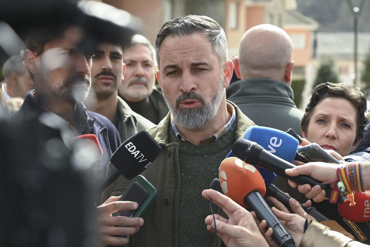 Santiago Abascal, presidente de Vox, en su comparecencia ante los medios de este miércoles.