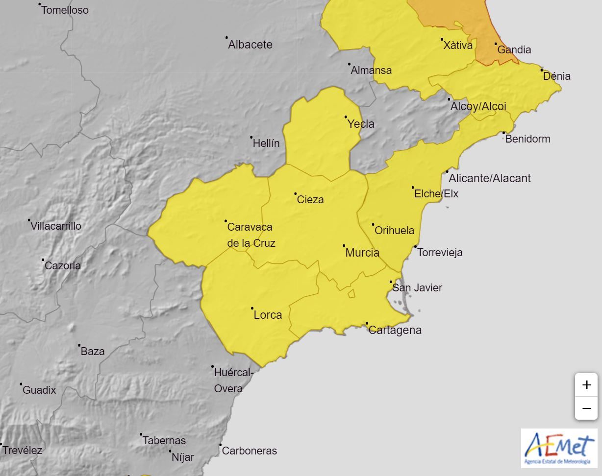 Mapa de alerta amarilla en la Región