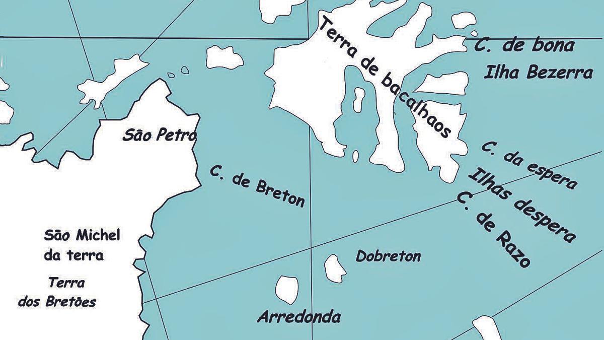 A terra dos bacalhaos nun mapa antigo.