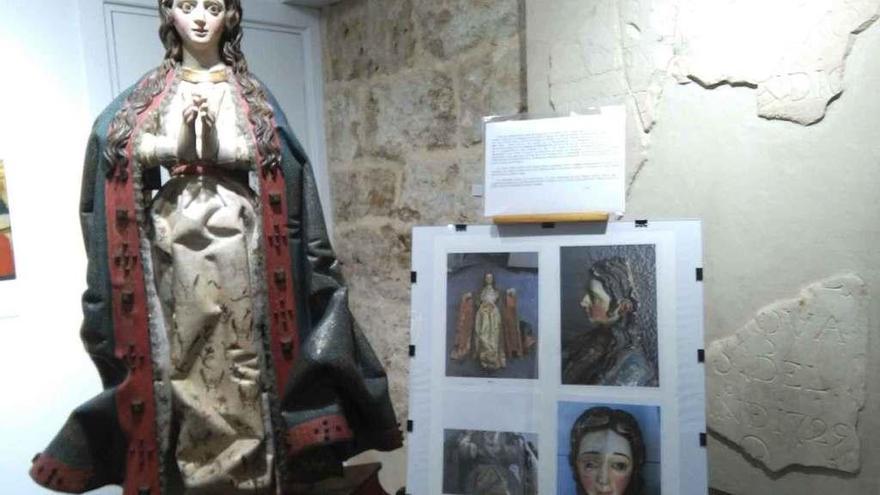 Imagen de la Virgen de la Ascensión y fotografías sobre su precario estado antes de ser adquirida.