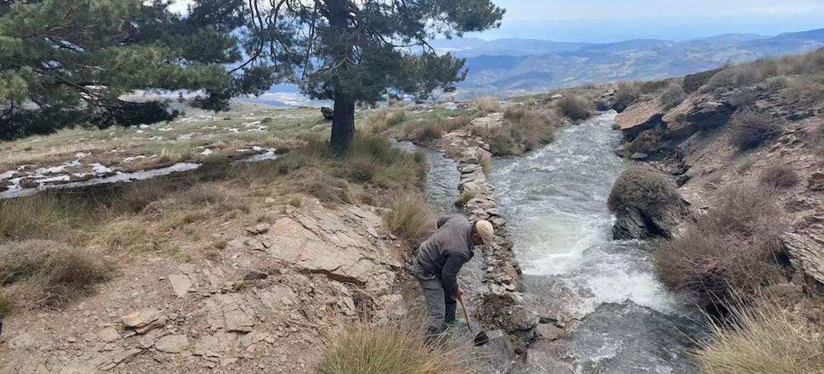 Acequiero de la Comunidad de Regantes derivando el agua de la acequia de Bérchules para su infiltración en la sima de las Arroyadas