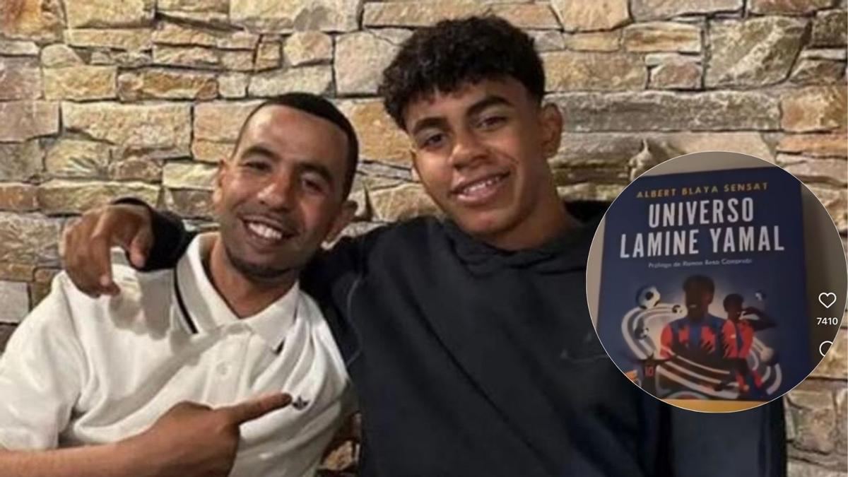 Mounir Nasraoui i el seu fill, Lamine Yamal. Al cercle, la portada del llibre d'Albert Blaya
