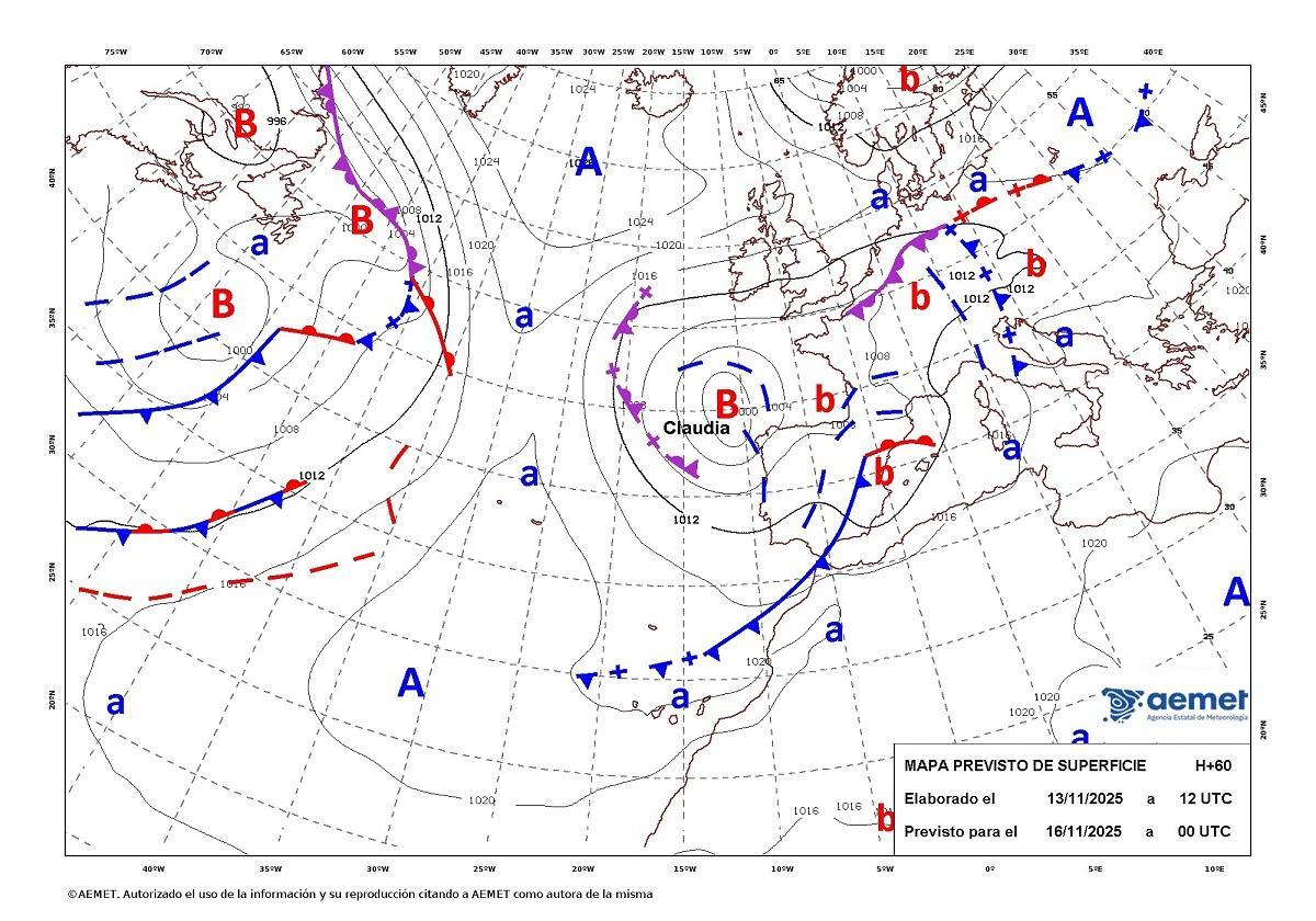 Situación de la borrasca Claudia en la mediacnoche del sábado al domingo
