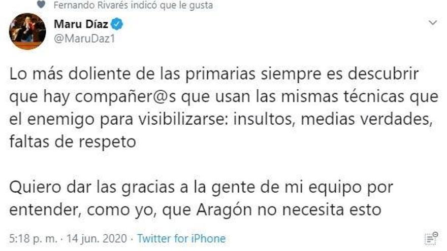 Maru Díaz lamenta &quot;insultos, medias verdades y faltas de respeto&quot; en las primarias de Podemos Aragón