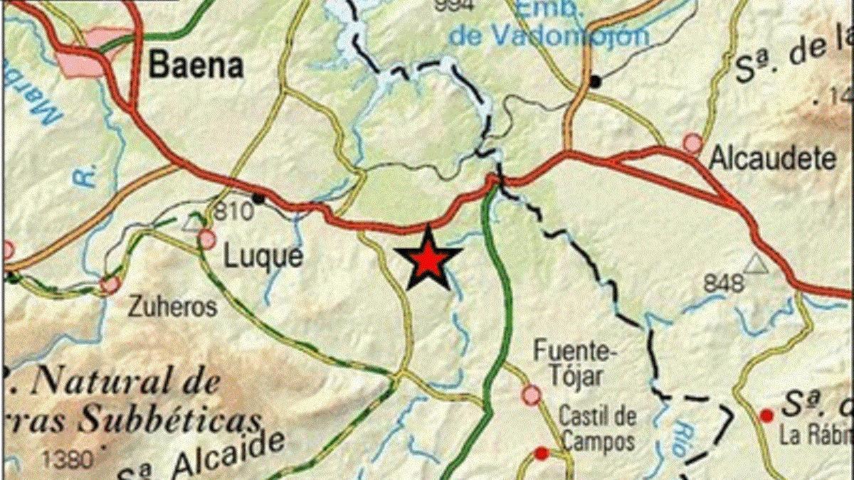 Mapa del Instituto Geográfico Nacional donde se señala el epicentro del terremoto en Fuente Tójar.