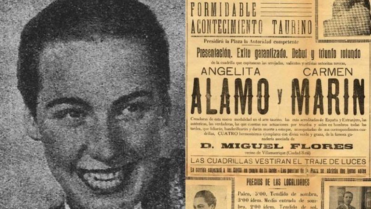 Ángelita Álamo junto al cartel taurino.
