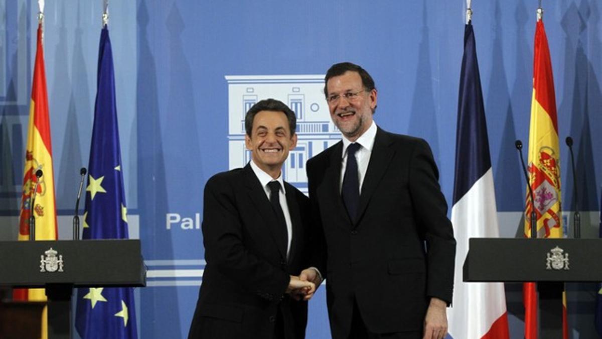 Sarkozy y Mariano Rajoy durante la comparecencia en La Moncloa.