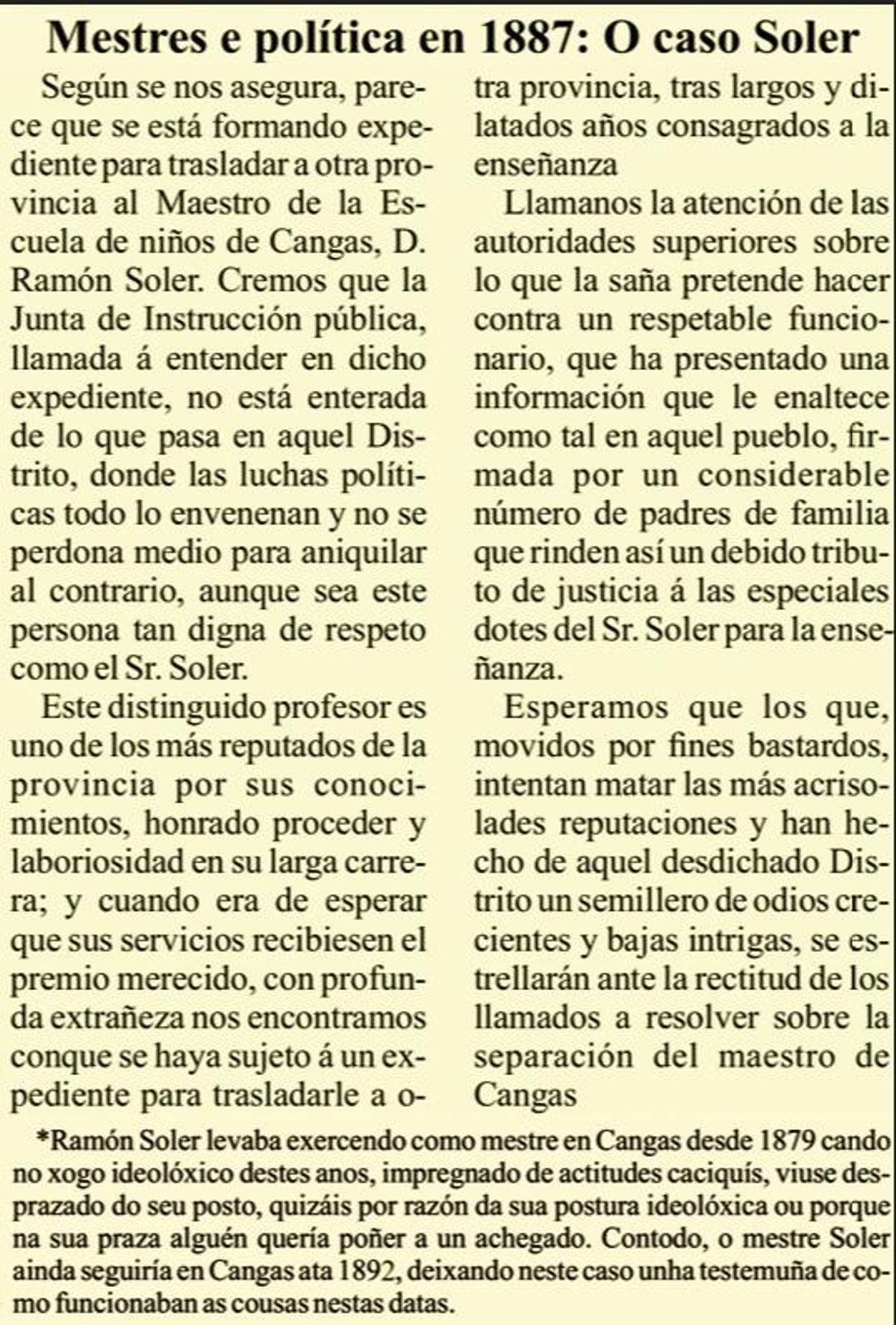 Unha crónica sobre o caso do mestre Soler, en 1887.